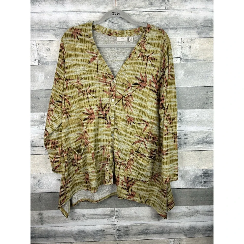 LOGO Lori Goldstein Women's 1X Button Up Cardigan